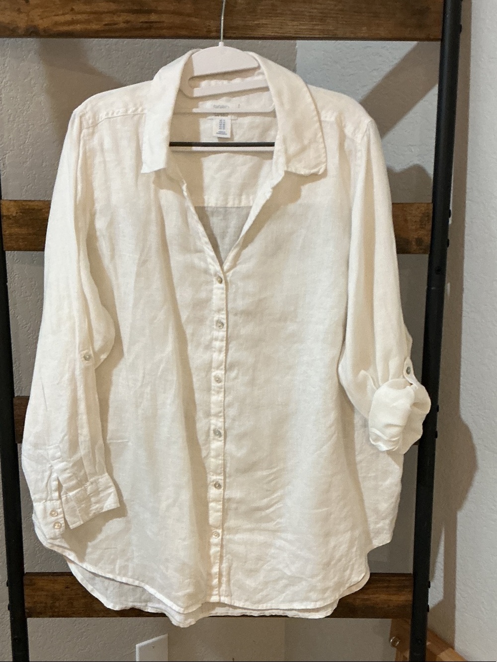 Women's Cream Linen Button-Down Shirt - Relaxed Collar Shirt
